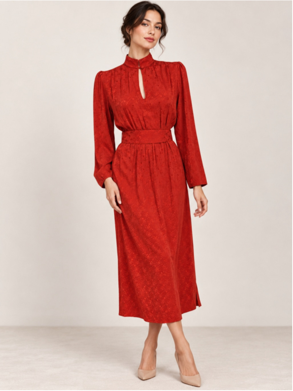 Vintage Rety Paris Silk Jacquard Midi Dress Red Orange Keyhole Belt 70s 80s
